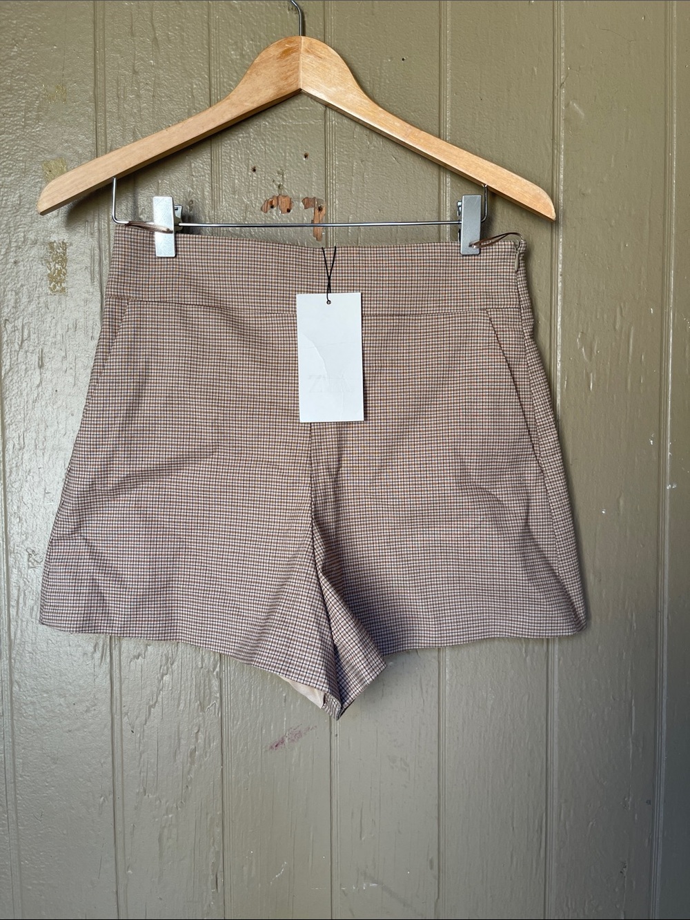Zara High-Waist Tweed Look Women’s Shorts - Beige Check Size S